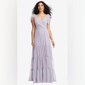 BOW-SHOULDER FAUX WRAP MAXI DRESS WITH TIERED SKIRT IN MOONDANCE size 0